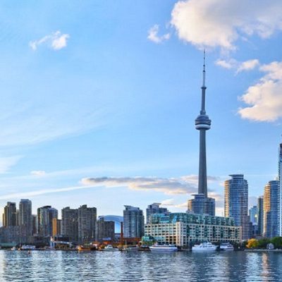 Panorama of Toronto skyline at sunset in Ontario, Canada.